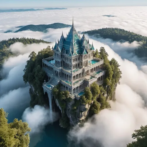 Prompt: A diamond palace above the clouds, surrounded by trees and water