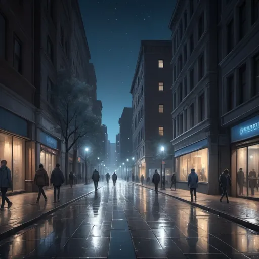 Prompt: (walking in the street), photorealistic, realism style, cool color scheme, detailed urban environment, streetlights casting soft glows, high-detail textures on buildings, reflections on wet pavement, subtle hues of blue and gray, calm atmosphere, cityscape with modern architecture, people passing by with blurred motion effects, clear night sky with stars, ultradetailed, 4K, cinematic masterpiece feel, precise lighting and shadow details