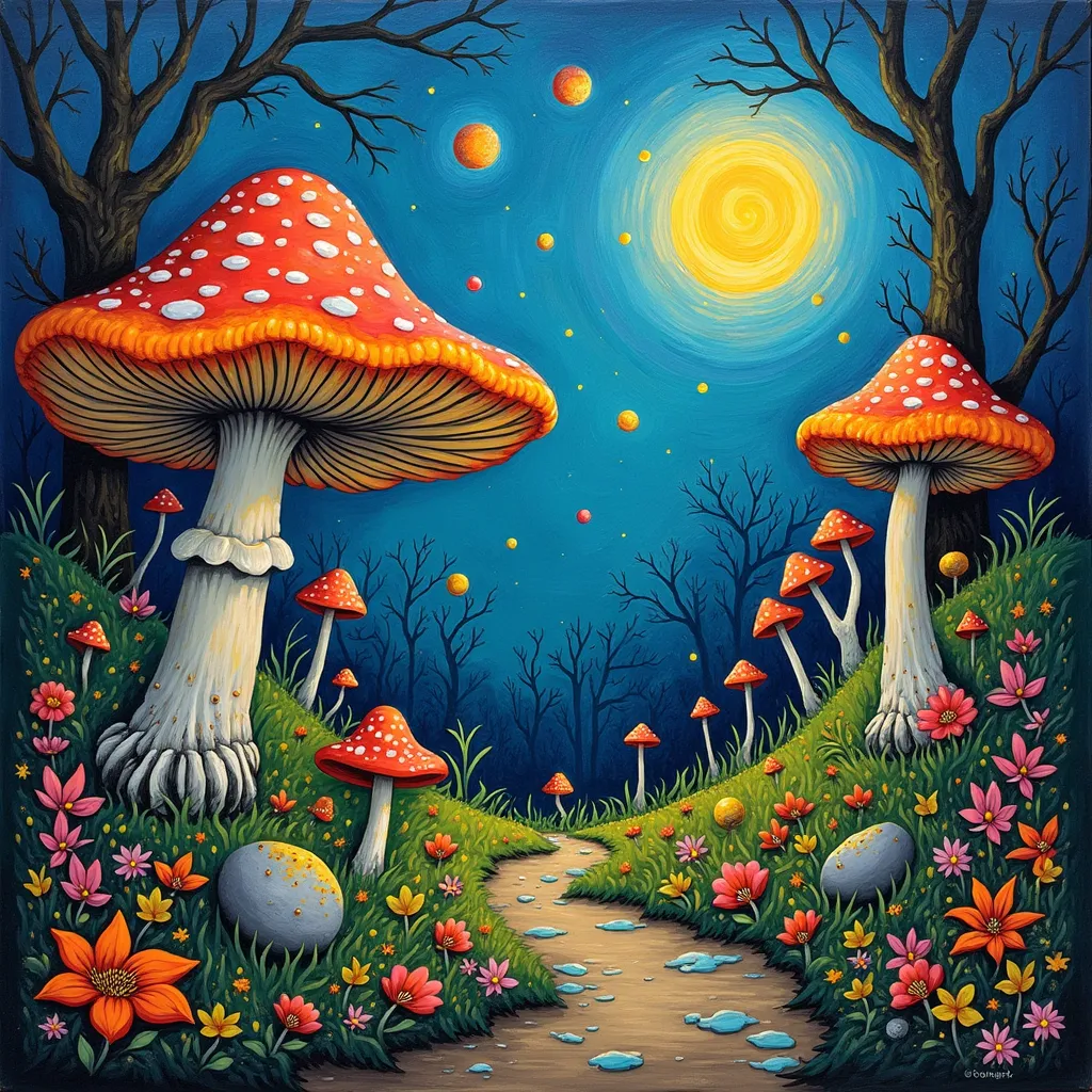 Prompt: Imagine a vivid fantasy world with trippy mushrooms and frogs in van Gogh style 
