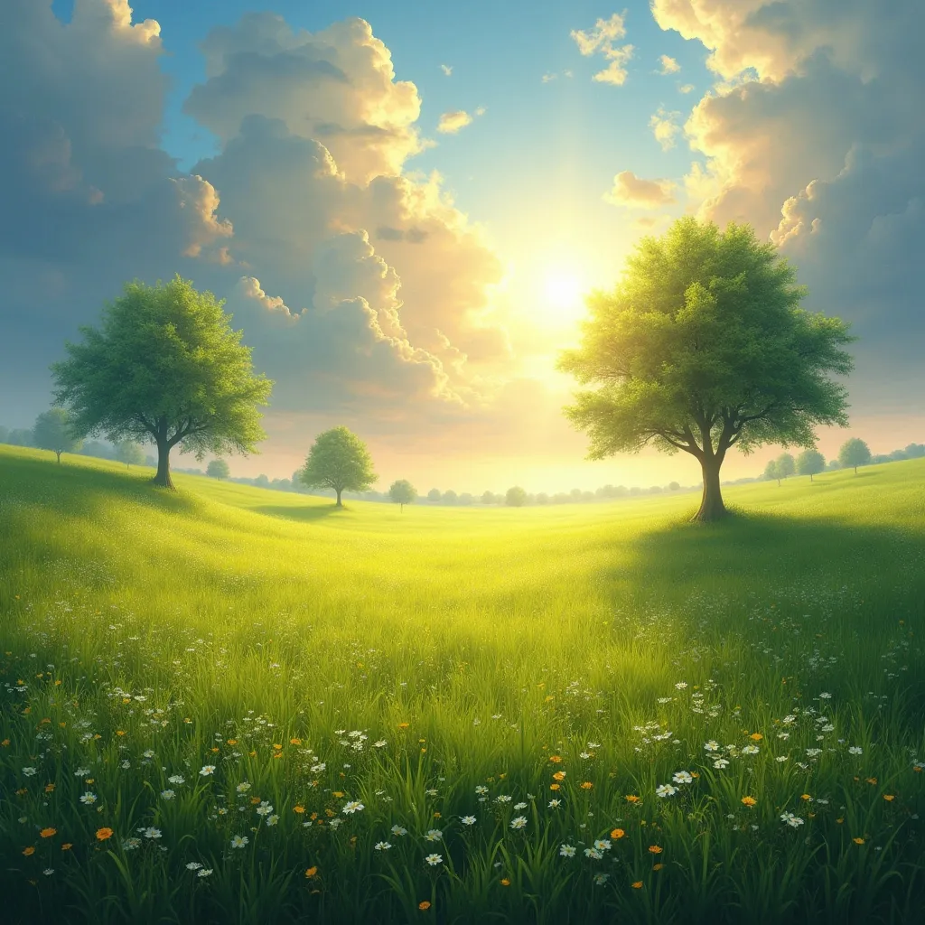 Prompt: Imagine a large beautiful meadow with a few trees and gorgeous rays of sun coming through in the style of original art