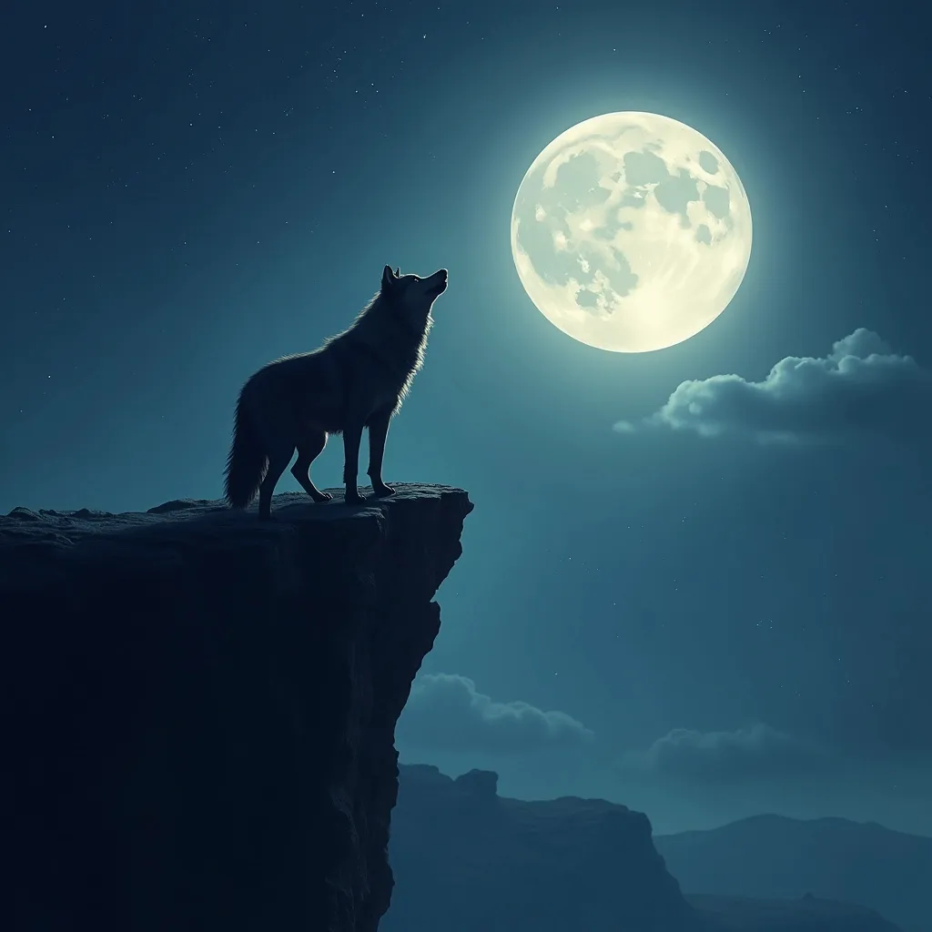 Prompt: Imagine a lone wolf on a cliff howling at a bright moon
