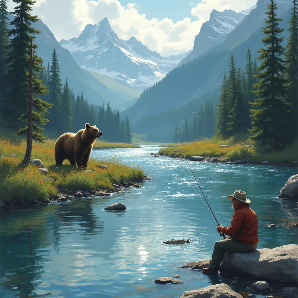 Prompt: Imagine a mountain river with a bear fishing. A salmon out of the river and the man fishing. Just upstream in the style of original art