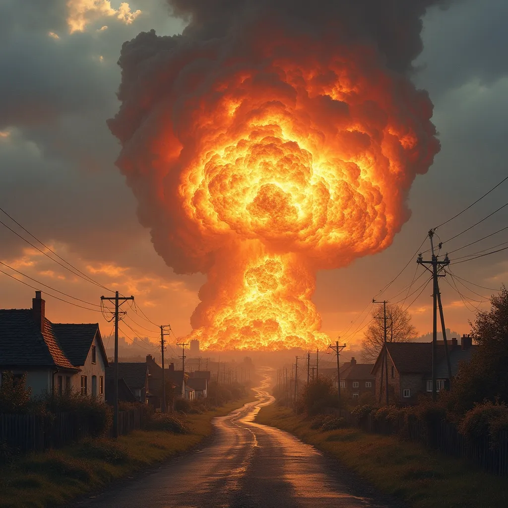 Prompt: Imagine a huge explosion in a picturesque town