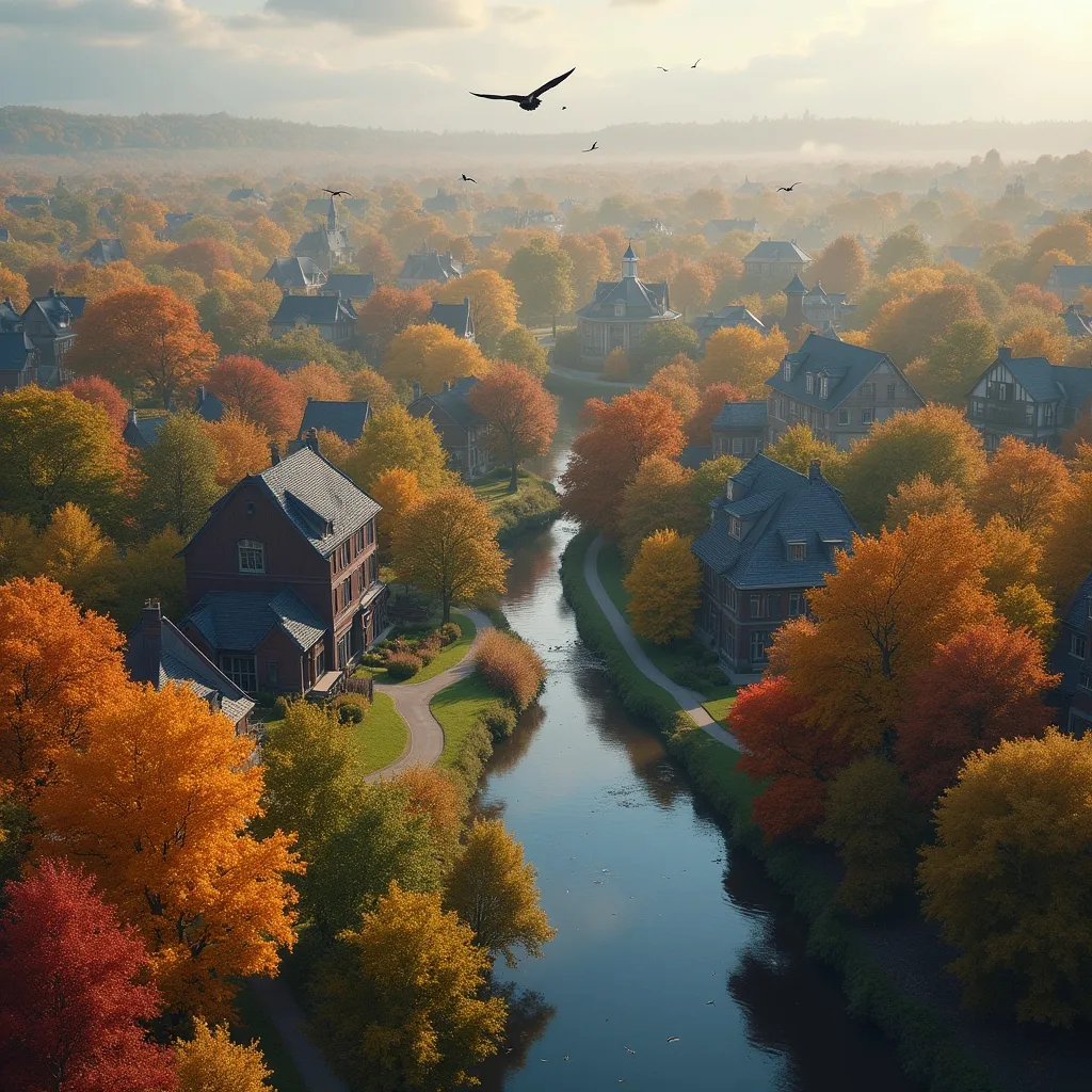 Prompt: Imagine an ultra realistic Small Town village from an aerial view with beautiful fall colors in the trees and birds flying around in water colors style 