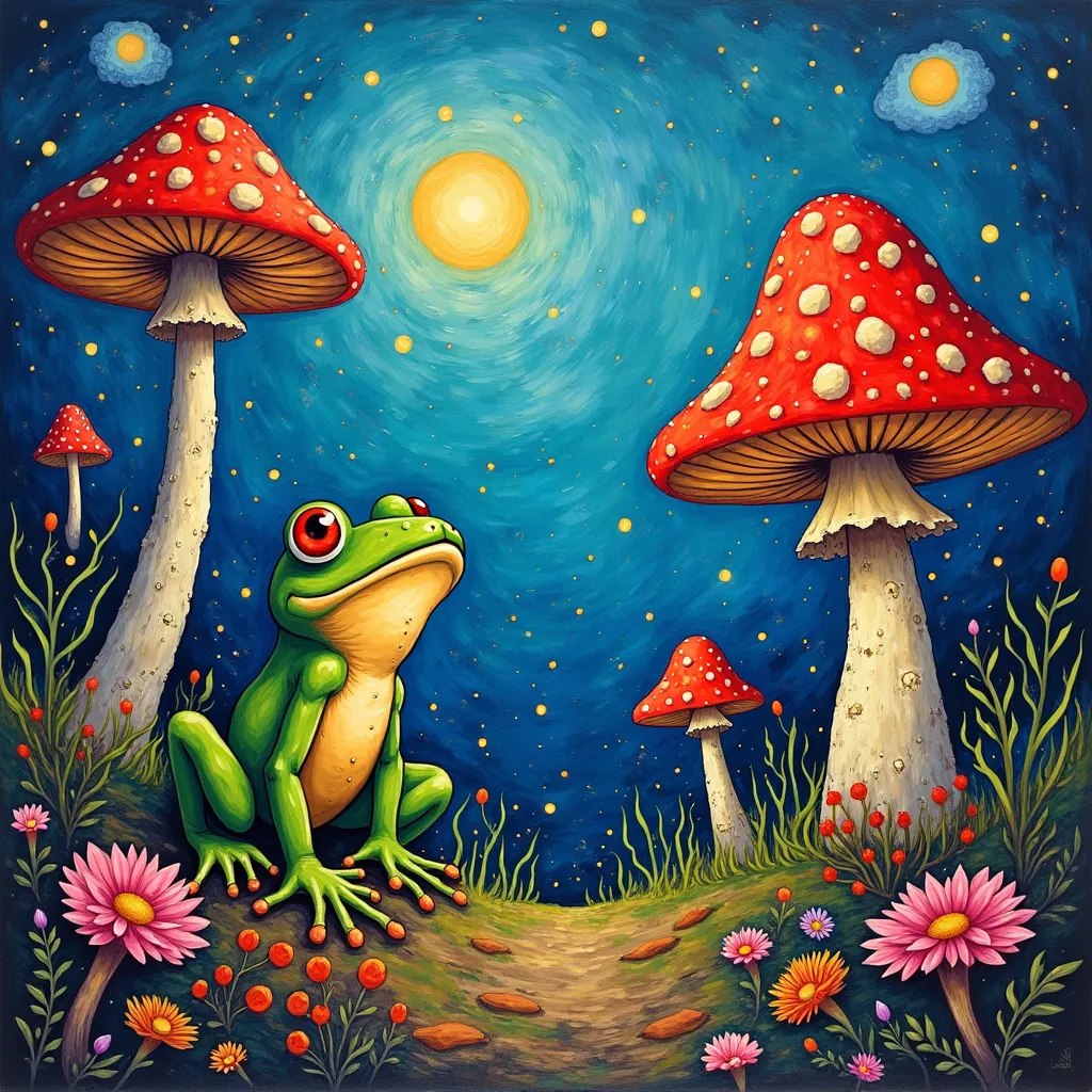 Prompt: Imagine a vivid fantasy world with trippy mushrooms and frogs in van Gogh style 