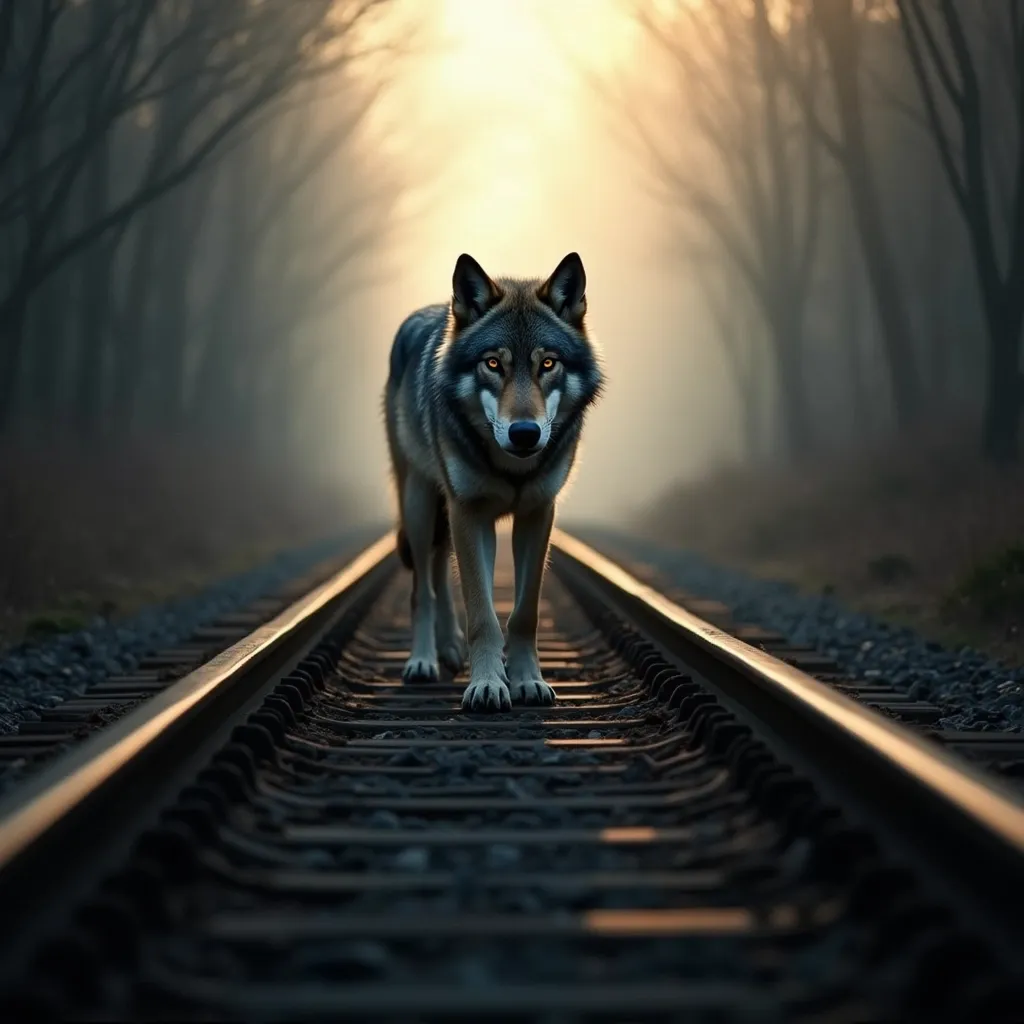 Prompt: Imagine a wolf walking down a railroad track with the silhouette of a wolf's head in the center of the screen rule of thirds