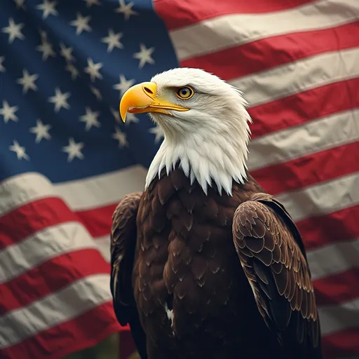 Prompt: Imagine a majestic eagle with an American flag stretched behind it with the rule of thirds in banksy style 