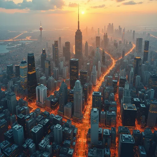Prompt: Imagine a bustling City from a bird 's view in abstract style 