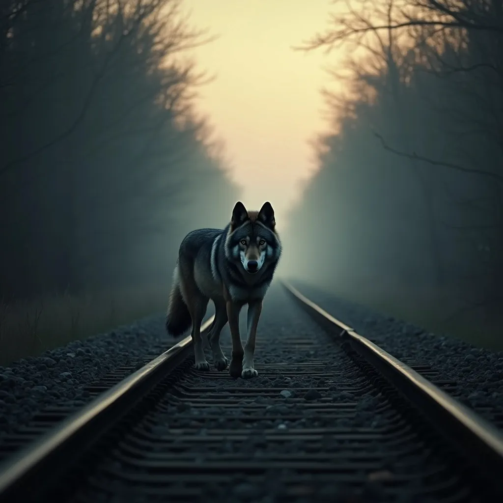 Prompt: Imagine a wolf walking down a railroad track with the silhouette of a wolf's head in the center of the screen rule of thirds