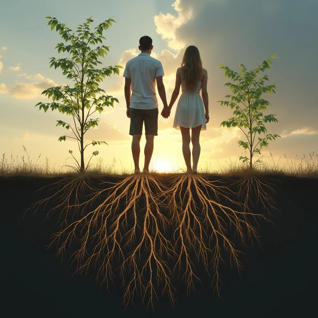 Prompt: imagine a man and woman standing barefoot on the ground and roots are growing from their feet going deep into the Earth