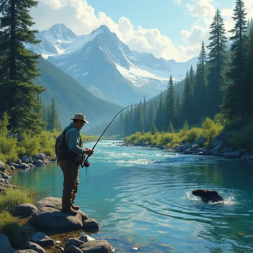 Prompt: Imagine a mountain river with a bear fishing. A salmon out of the river and the man fishing. Just upstream in the style of original art