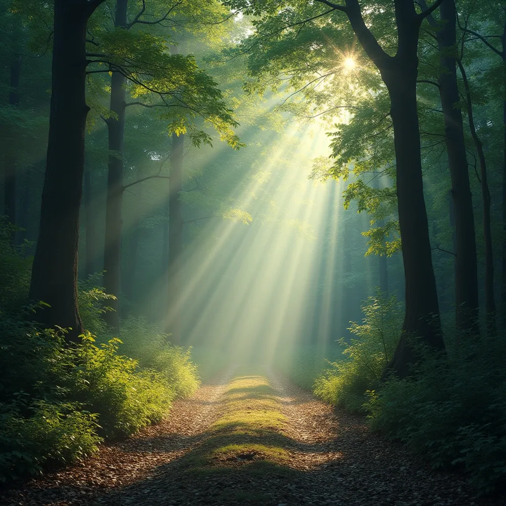 Prompt: Magical forest with sun rays and shadows 