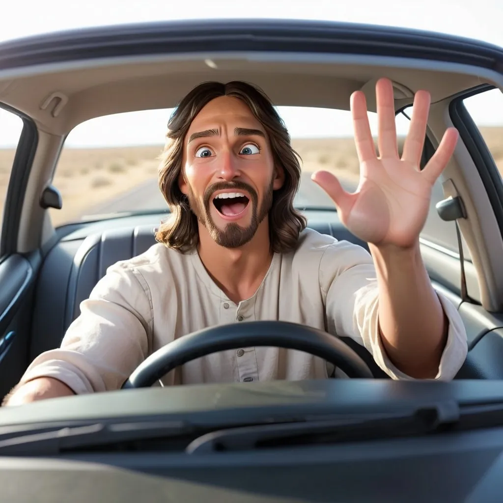 Prompt: Imagine a man driving a car as he throws his hands up and says Jesus take the wheel