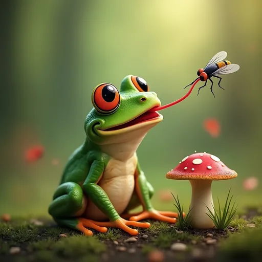 Prompt: Imagine a cute frog sticking his tongue out and catching a fly to eat sitting near mushrooms
