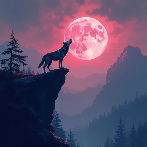 Prompt: Imagine a lone wolf on a cliff howling at a pink moon abstract style 