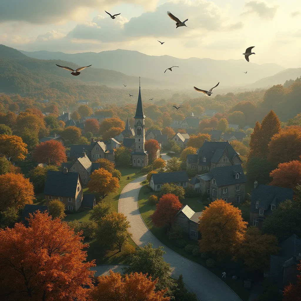 Prompt: Imagine an ultra realistic Small Town village from an aerial view with beautiful fall colors in the trees and birds flying around
