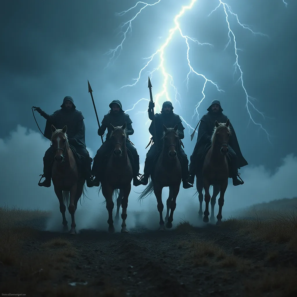 Prompt: Imagine The four horsemen of the Apocalypse riding through lightning on their horses