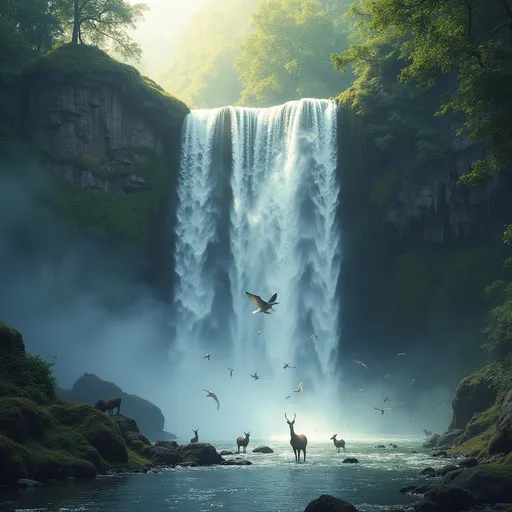 Prompt: Imagine a gorgeous waterfall misting as wildlife drink and birds flying by