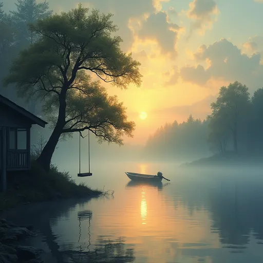 Prompt: Imagine a serene lake House with the sun rising and fog on the water and a tree swing and boat in the style of abstract art