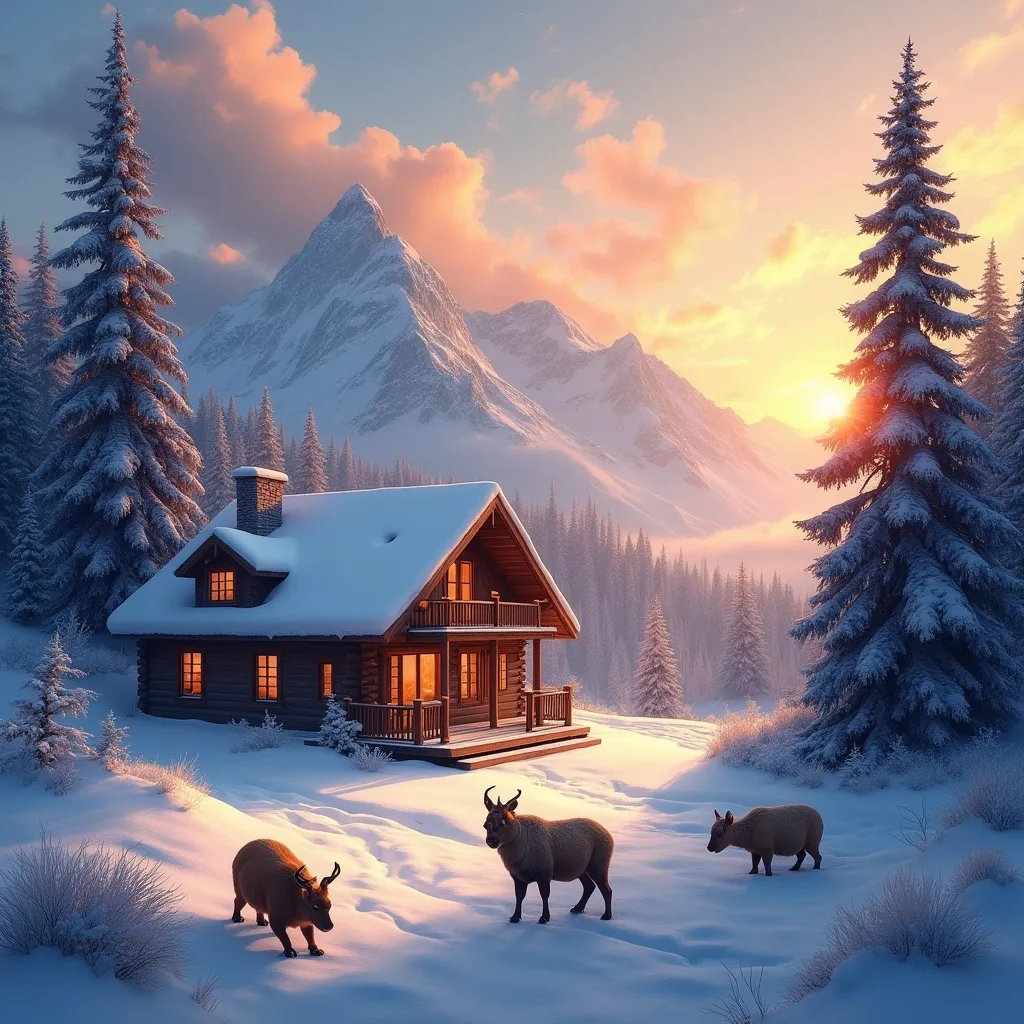 Prompt: Imagine a gorgeous mountain cabin with a beautiful sunrise as animals play in the snow