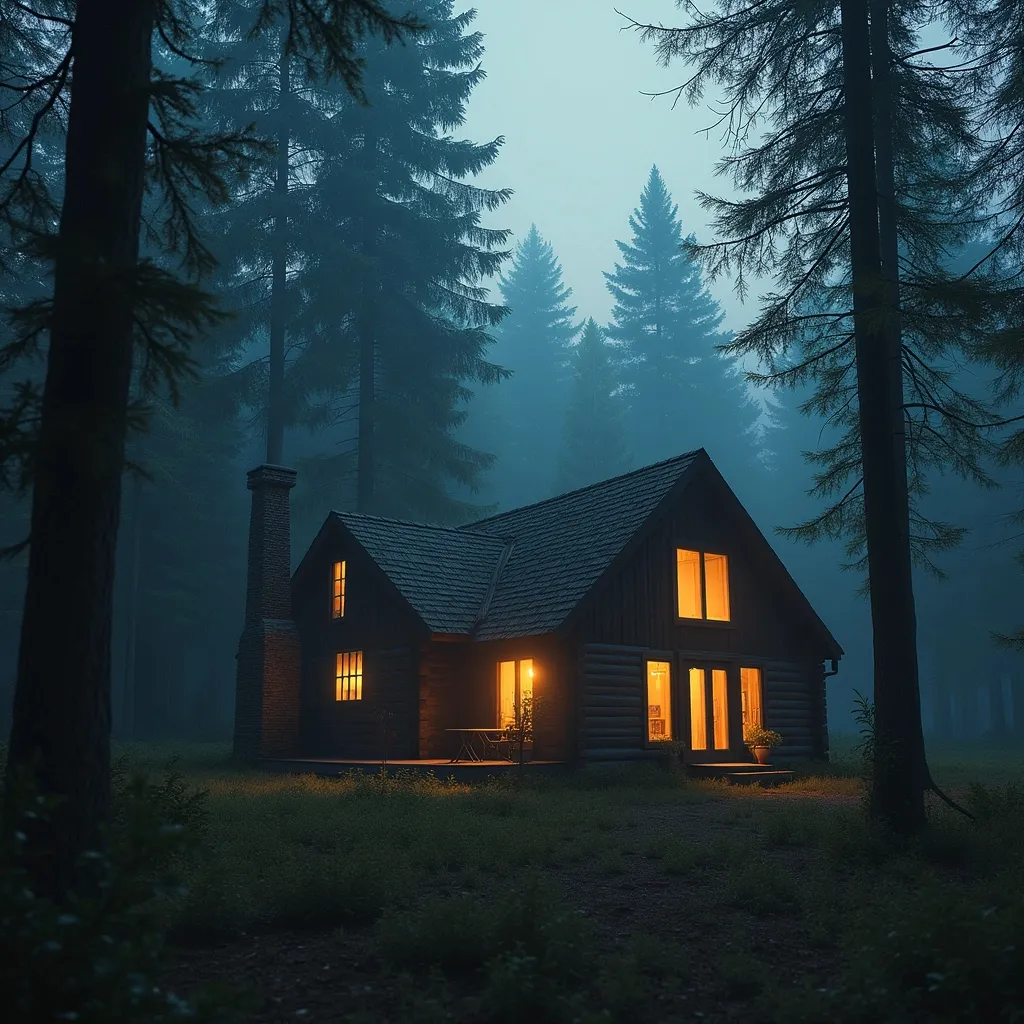 Prompt: Imagine aliens landing in the woods near cabin peeking through the windows