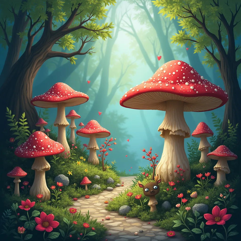 Prompt: Imagine a magical land with mushrooms and critters 