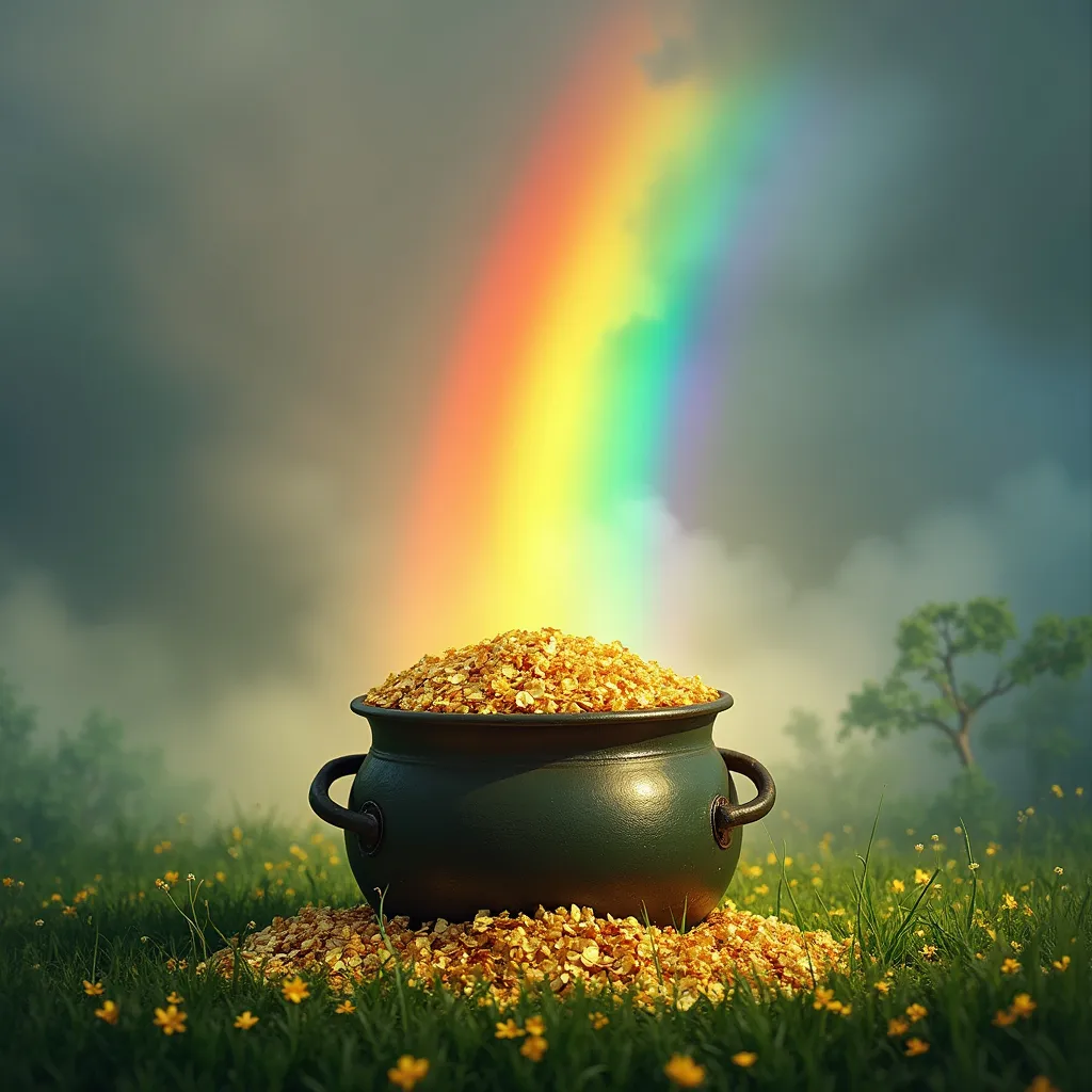 Prompt: Imagine a beautifully vivid rainbow with a big pot of gold and a leprechaun 

