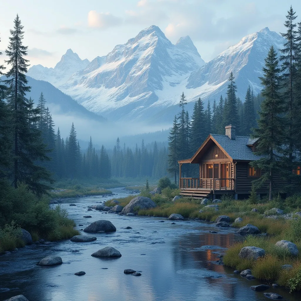 Prompt: Imagine an Alaskan mountain cabin with a river and snow on the mountains