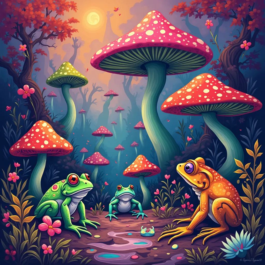 Prompt: Imagine a vivid fantasy world with trippy mushrooms and frogs in abstract style 