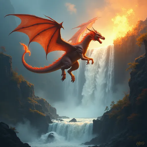 Prompt: Imagine a majestic dragon flying over a beautiful waterfall  breathing hellfire