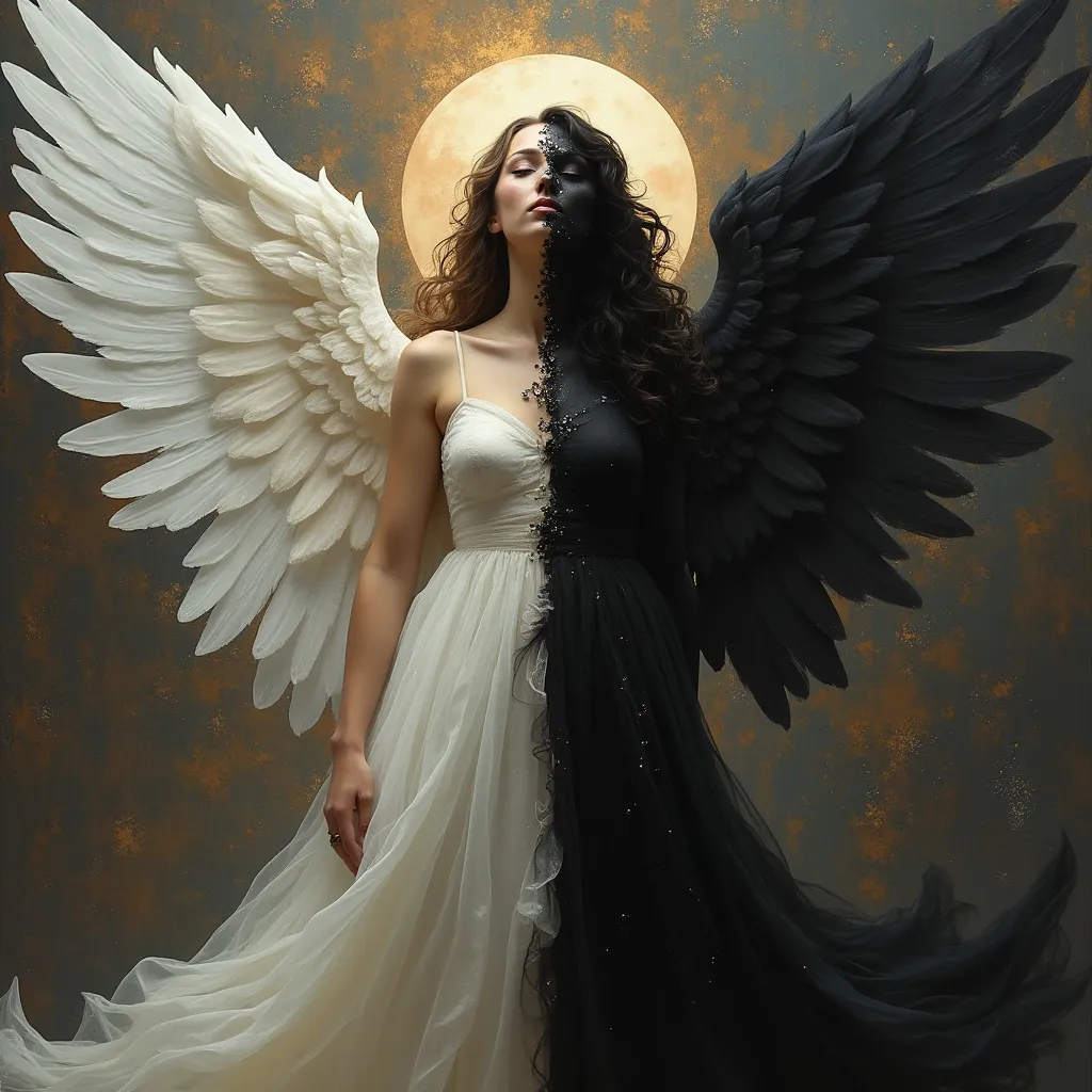 Prompt: Imagine a two-sided woman one side nice and angelic the other side dark and demonic in abstract style 