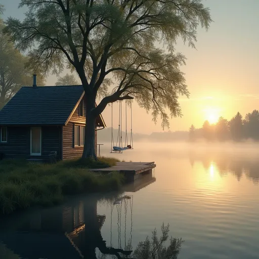 Prompt: Imagine a serene lake House with the sun rising and fog on the water and a tree swing and boat