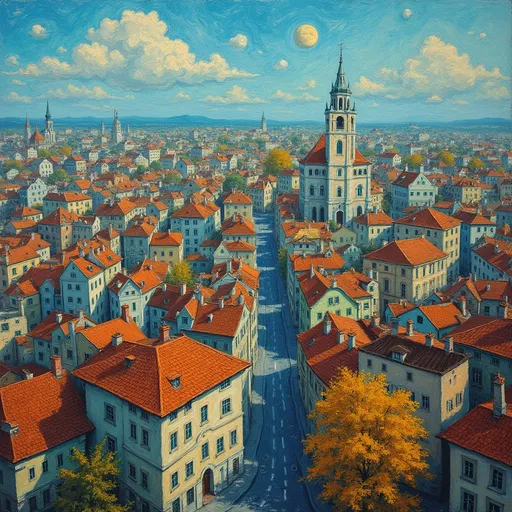 Prompt: Imagine a bustling City from a bird 's view in van Gogh style 