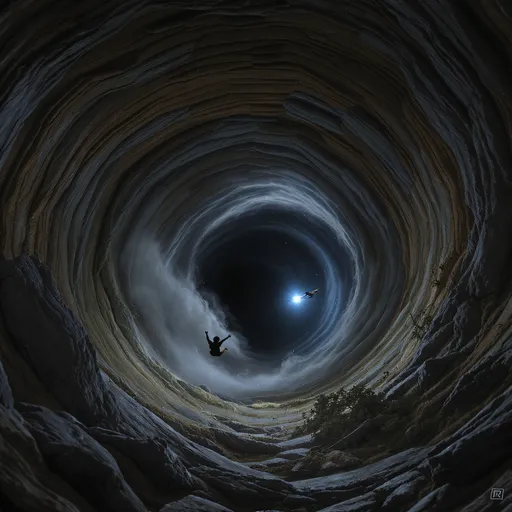 Prompt: Imagine a rabbit hole  with a swirly portal  and a screaming man and woman diving in