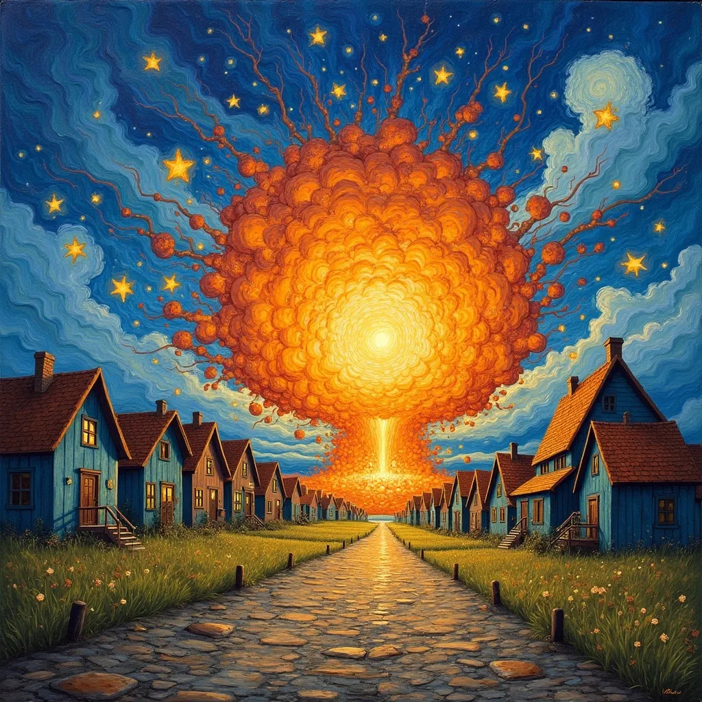 Prompt: Imagine a huge explosion in a picturesque town van Gogh style 