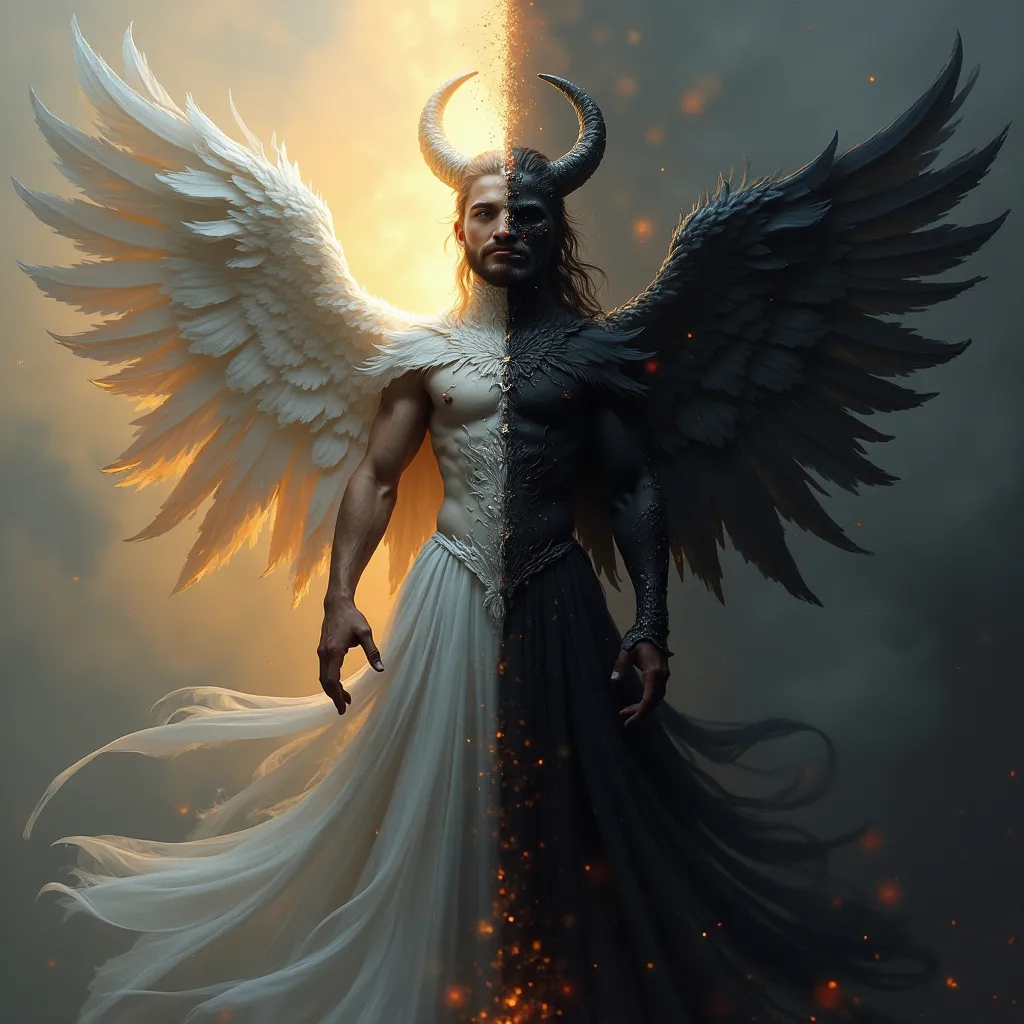Prompt: Imagine a two-sided man one side nice and angelic the other side dark and demonic in abstract style 