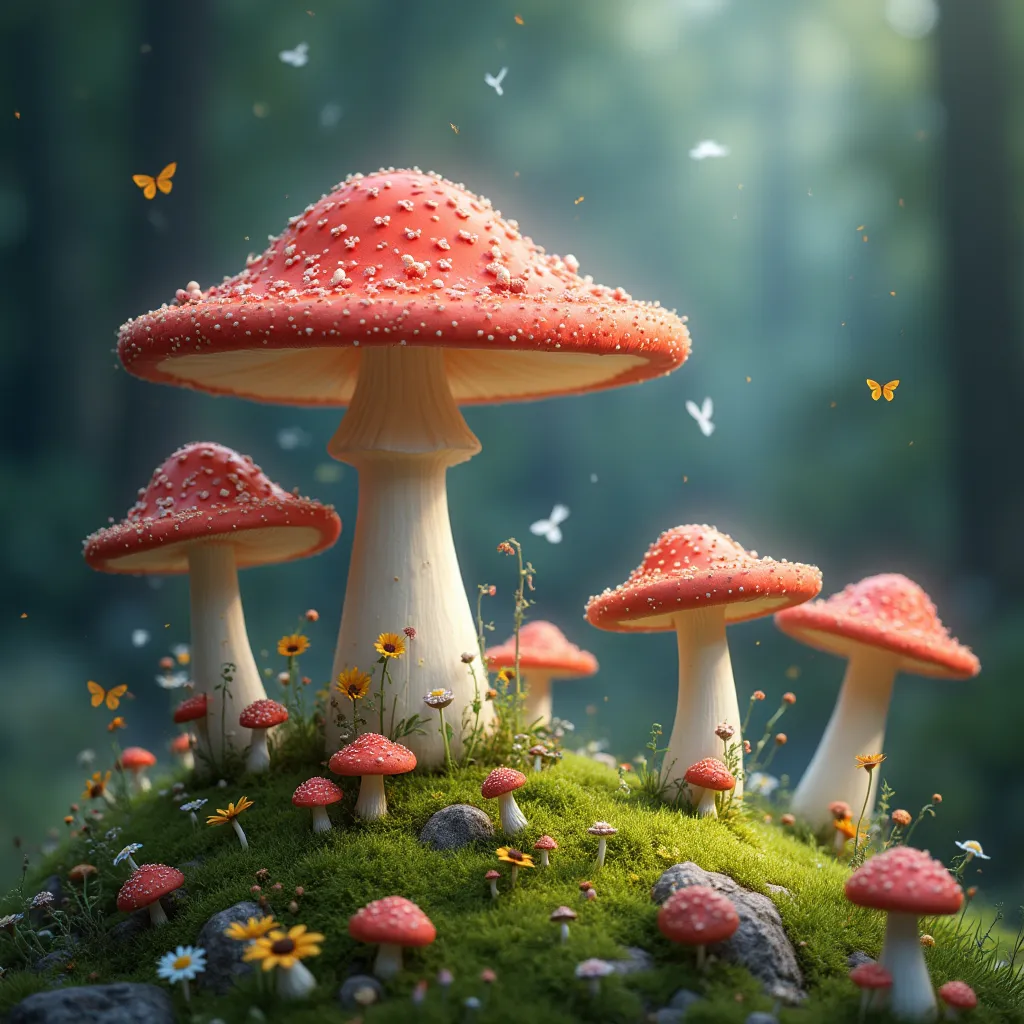 Prompt: Imagine a magical land with mushrooms and critters 