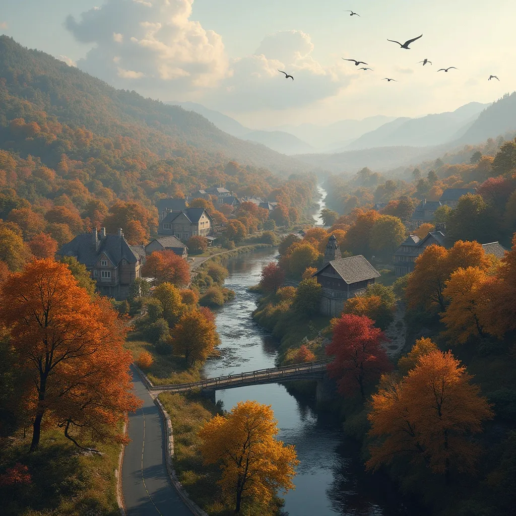 Prompt: Imagine an ultra realistic Small Town village from an aerial view with beautiful fall colors in the trees and birds flying around in water colors style 