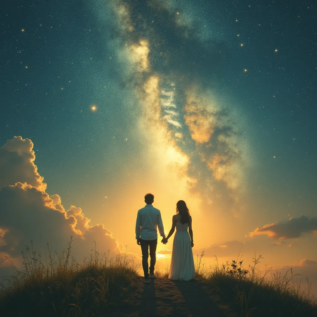 Prompt: Imagine a mystical spiritual couple grounded with the earth and gazing into the sky 