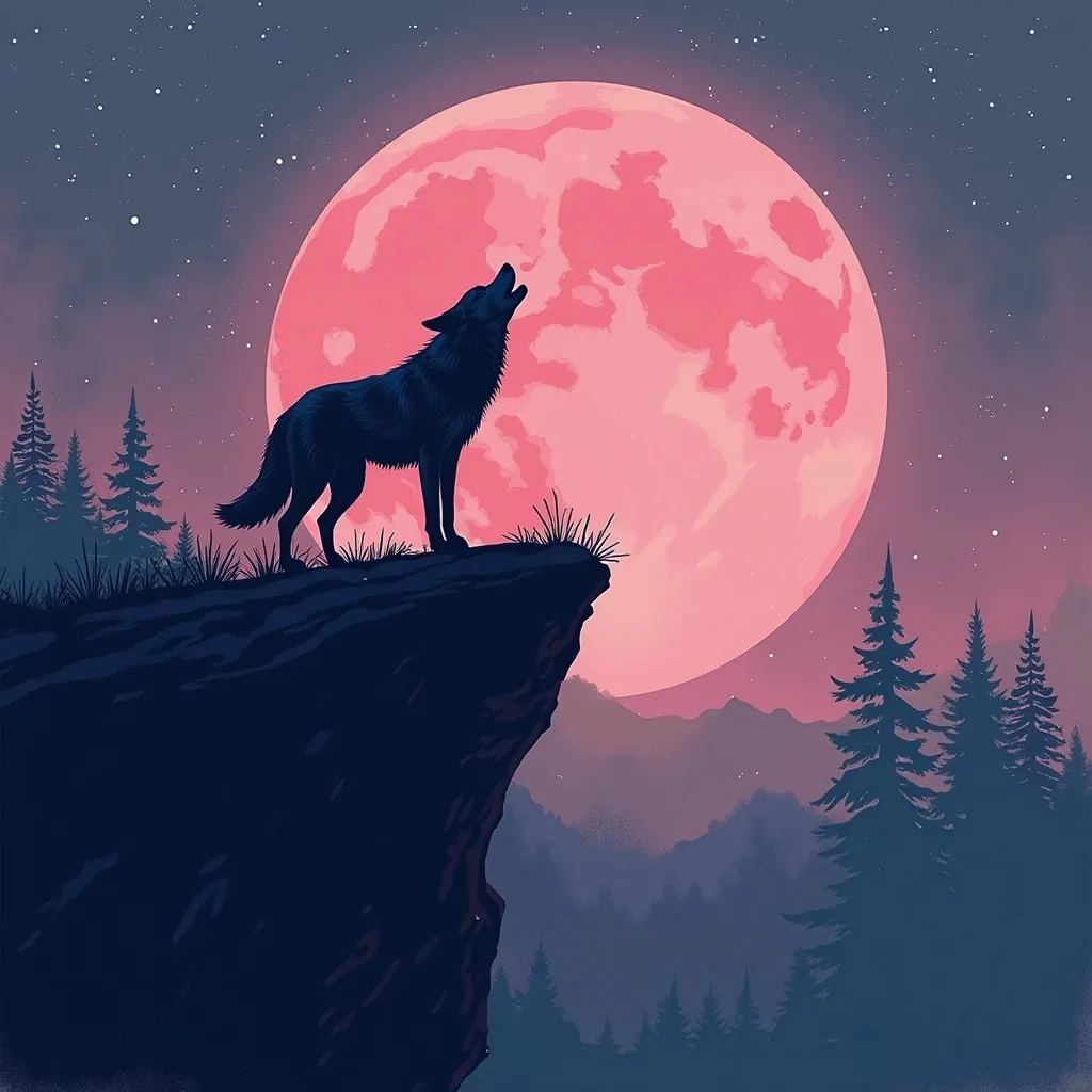 Prompt: Imagine a lone wolf on a cliff howling at a pink moon abstract style 