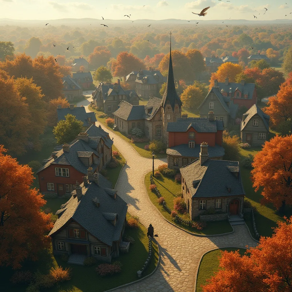 Prompt: Imagine an ultra realistic Small Town village from an aerial view with beautiful fall colors in the trees and birds flying around in banksy style 