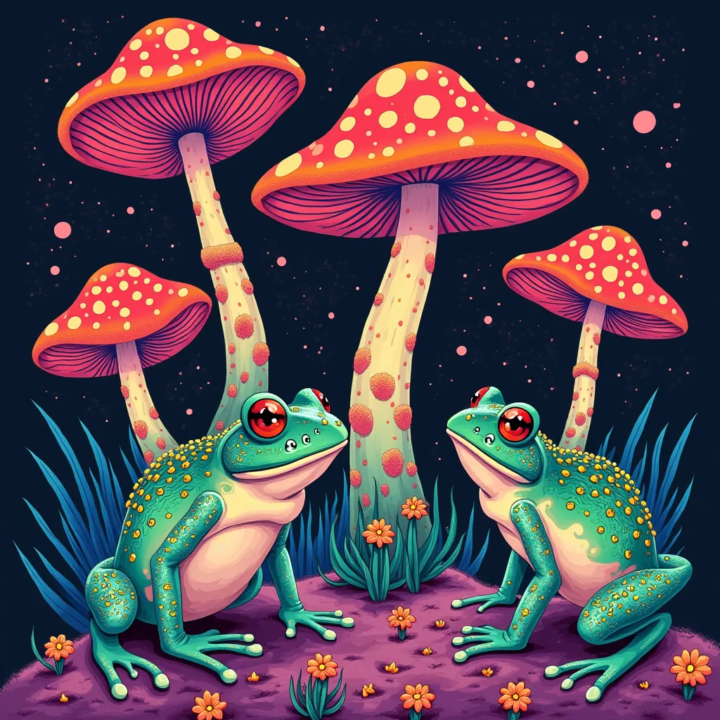 Prompt: Imagine a vivid fantasy world with trippy mushrooms and frogs in abstract style 