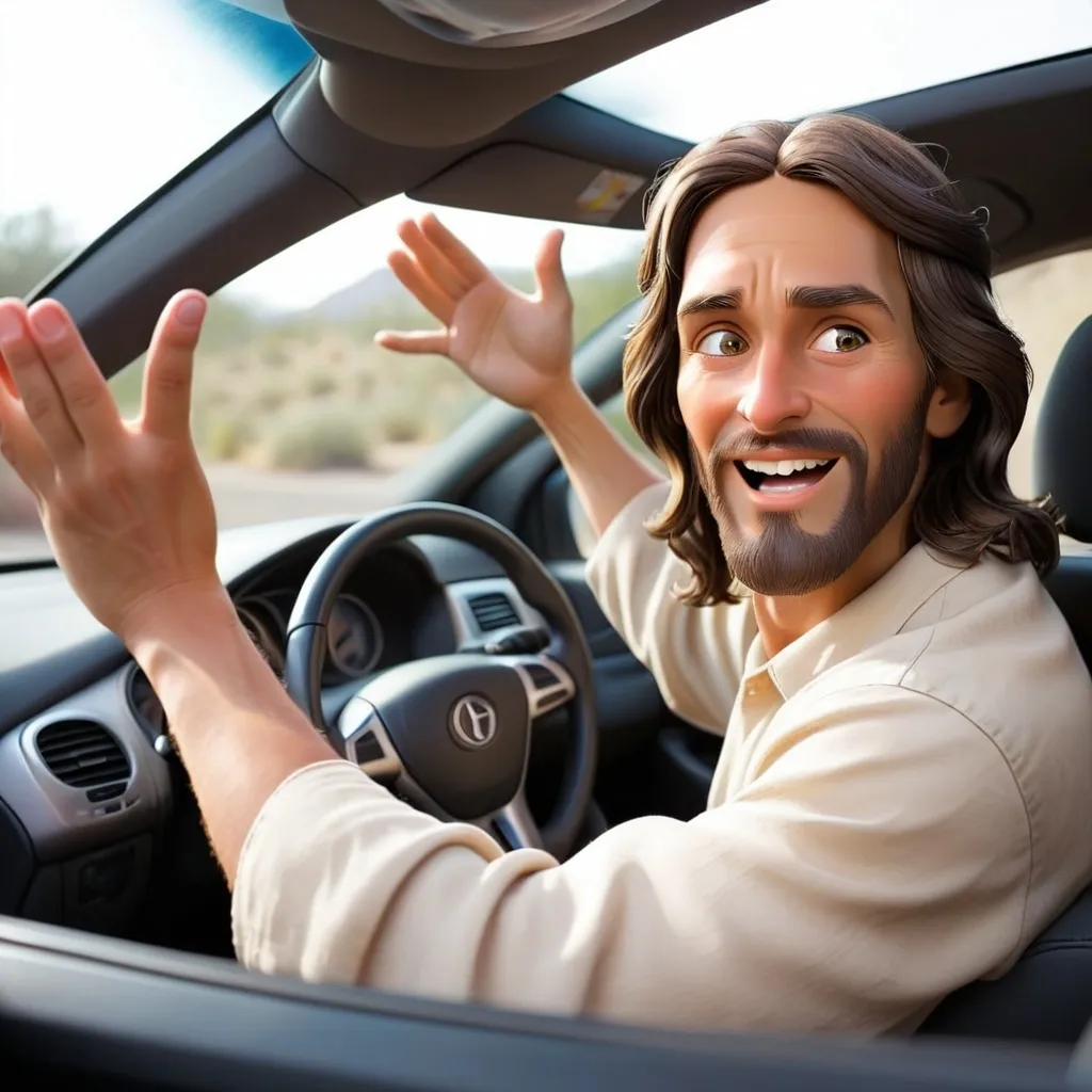Prompt: Imagine a man driving a car as he throws his hands up and says Jesus take the wheel