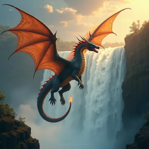 Prompt: Imagine a majestic dragon flying over a beautiful waterfall  breathing fire