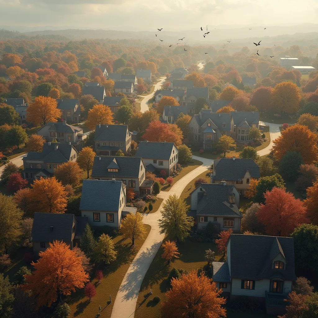 Prompt: Imagine an ultra realistic Small Town village from an aerial view with beautiful fall colors in the trees and birds flying around