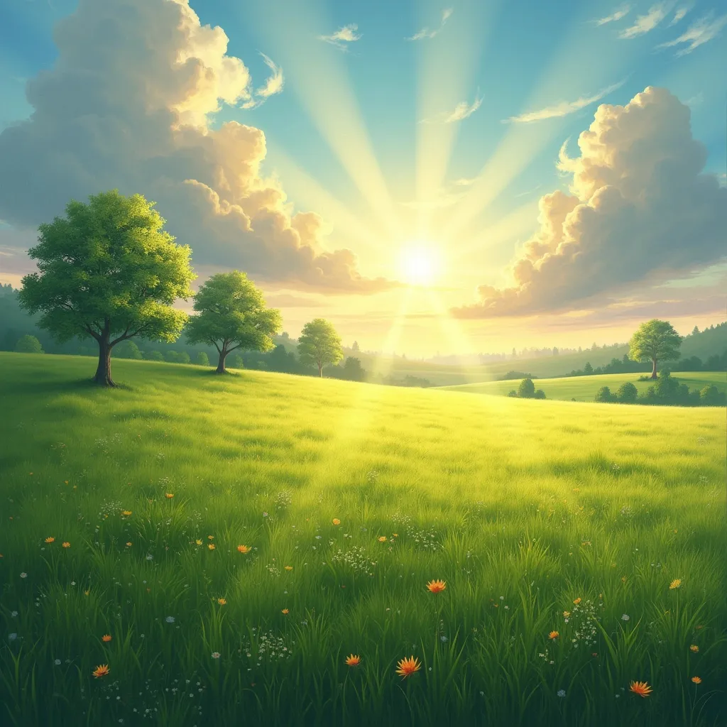 Prompt: Imagine a large beautiful meadow with a few trees and gorgeous rays of sun coming through in the style of original art