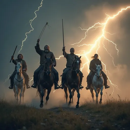 Prompt: Imagine The four horsemen of the Apocalypse riding through lightning on their horses