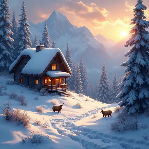 Prompt: Imagine a gorgeous mountain cabin with a beautiful sunrise as animals play in the snow