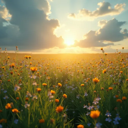 Prompt: Imagine a rolling metal with beautiful flowers and the sun shining bright rays all across the grass