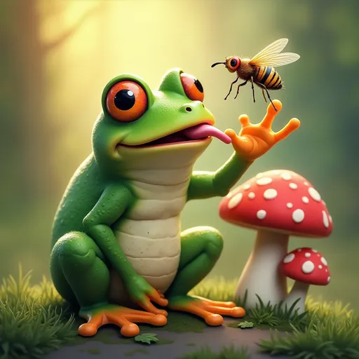 Prompt: Imagine a cute frog catching a fly with his tongue sitting near mushrooms